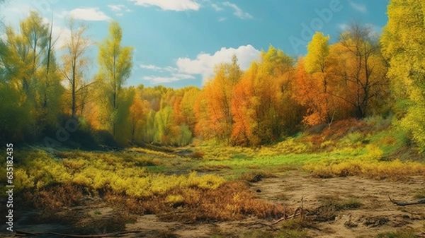 Fototapeta Closeup of dry leaves covering the ground surrounded by trees in a forest in autumn. Generative Ai