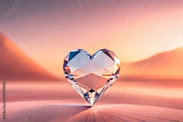 Fototapeta Crystal heart on a purple pink background with copy space, banner, flat lay, top view. Generative AI