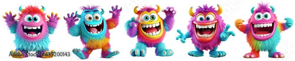 Fototapeta collection of Colorful furry and cute monster dancing and waving 3D render character cartoon style Isolated on transparent background