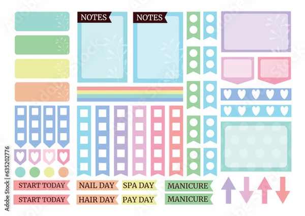 Fototapeta Soft colorful weekly planner stickers set with flowers silhouette for agenda, notebook, diary. A5 format.