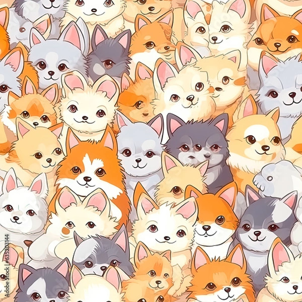 Obraz Seamless pattern with a bunch of fluffy cartoon animals sitting tightly on top of each other.
