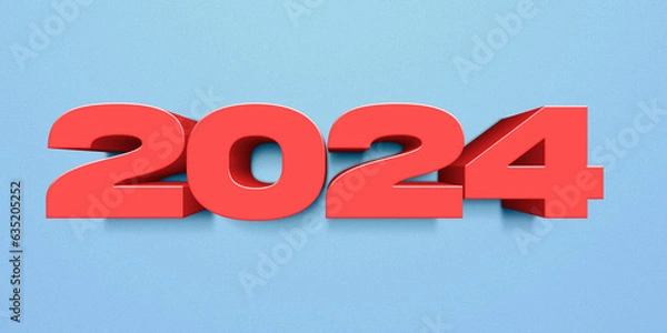 Fototapeta 2024 happy new year, red 3d number with light blue background