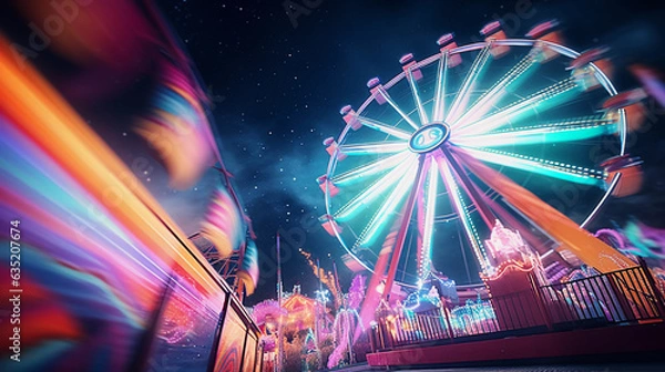 Fototapeta carnival at night, ferris wheel in motion, laughter and joy in the air, vibrant colors