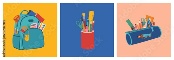 Obraz Set of school supplies. Backpack, stand for pens and pencil case with diverse stationery. Hand drawn vector illustration isolated on colored background. Modern flat cartoon style.