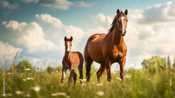 Fototapeta Big horse and small horse in the field new quality universal colorful technology stock image illustration design generative ai