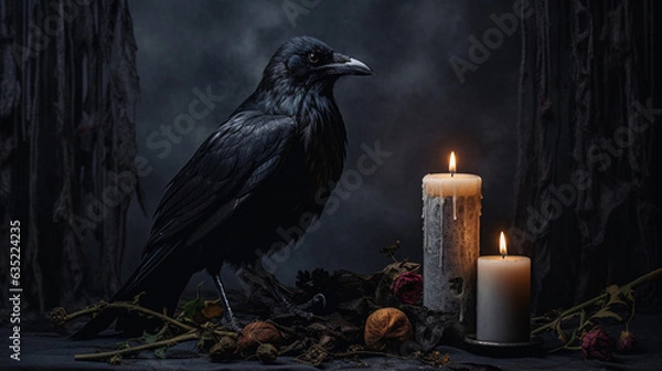 Fototapeta A Black Crow Perched Near a Lit Candle Against a Matte Black Background - Halloween Decorations and Spooky Decor Elements - Dark Academia - Generative AI