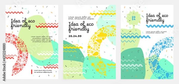 Fototapeta Idea of green eco friendly banner. Set of vector illustrations. Memphis and clean style backgrounds