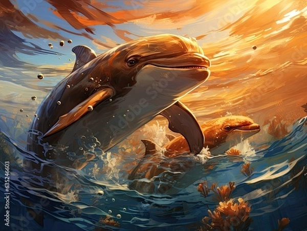 Fototapeta Illustration of two dolphins swimming in the ocean. Generative AI