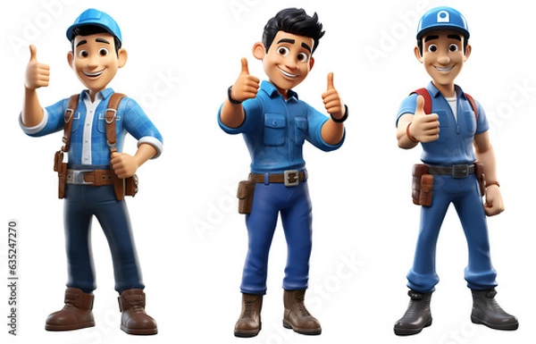 Obraz 3D render worker man Plumber character cartoon style Isolated on transparent background