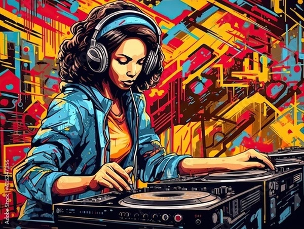 Fototapeta Illustration of a woman enjoying music on a vintage turntable with headphones. Generative AI
