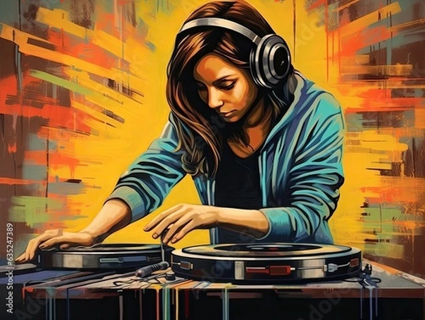 Fototapeta Illustration of a woman DJ mixing music in a vibrant and energetic painting. Generative AI