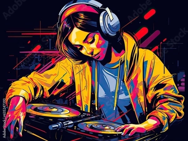 Fototapeta Illustration of a man enjoying music on a vintage turntable with headphones. Generative AI