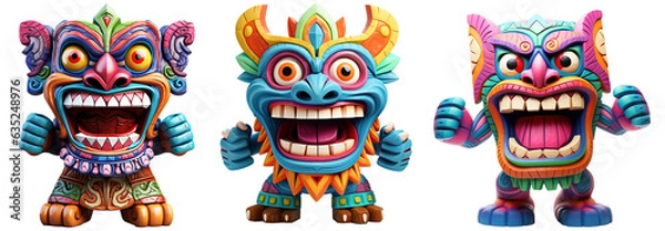 Obraz 3D illustration of a happy funny tiki bar mask monster. 3D render character cartoon style Isolated on transparent background