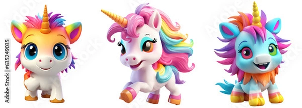 Obraz 3D illustration of a happy unicorn on a rocking horse, with a very colorful mane. Concept of happiness, recklessness. 3D render character cartoon style Isolated on transparent background