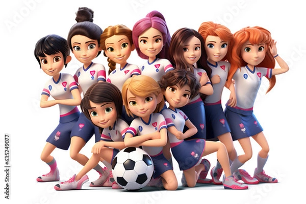 Obraz 3d female football players. young girl Soccer team Cartoon soccer player. 3D render character cartoon style Isolated on transparent background