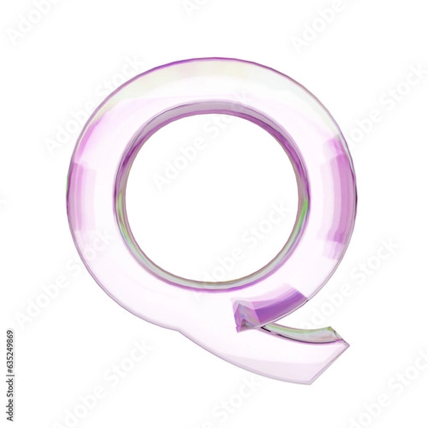 Fototapeta Letter "Q" uppercase on transparent background. pink transparent glass 3D render font with dispersion.