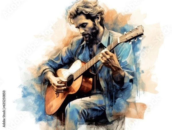 Fototapeta Illustration of a man playing a guitar in a vibrant and expressive painting. Generative AI