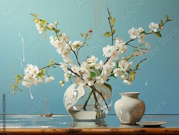 Fototapeta Illustration of a beautifully arranged bouquet of flowers in a vase on a table. Generative AI