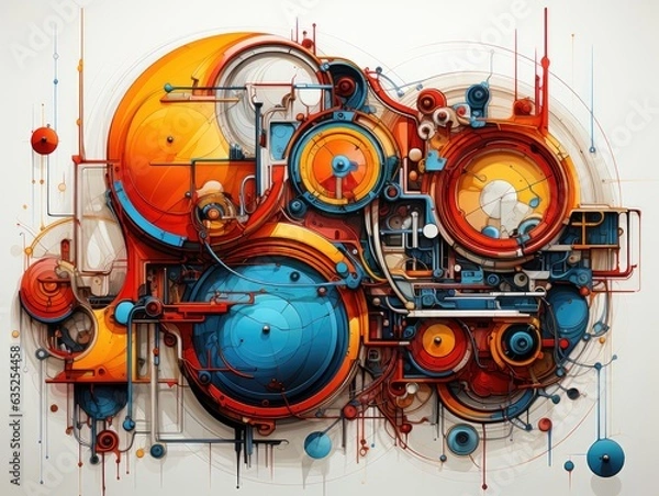 Fototapeta Illustration of an abstract painting with vibrant orange and blue circles. Generative AI