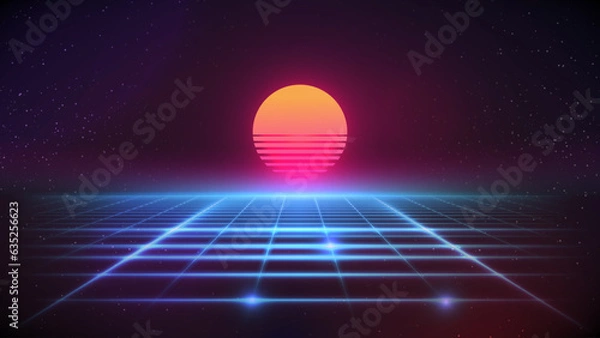 Fototapeta Synthwave Sunset Background. 80s Sun Backdrop. Blue perspective grid with retro Sun on dark starry sky. Retro Futuristic pink party flyer, banner, poster template. Sci-fi stock vector illustration