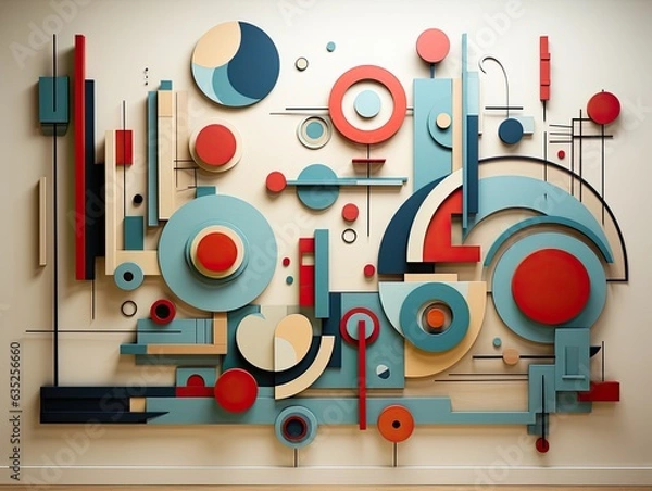 Fototapeta Illustration of an abstract painting hanging on a wall in a vibrant room. Generative AI