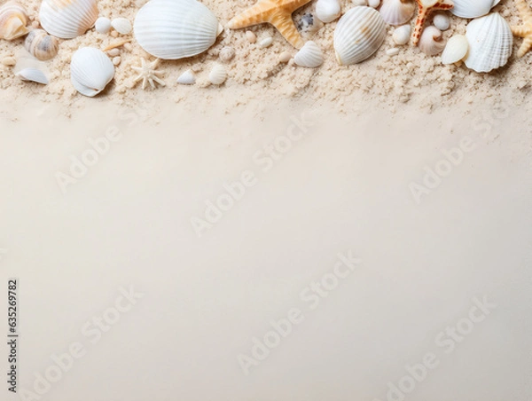 Obraz top view Summer time Composition of sea shells on white background