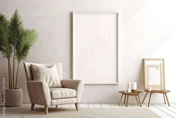 Fototapeta Mockup with an empty frame in a contemporary living room. Generative AI.