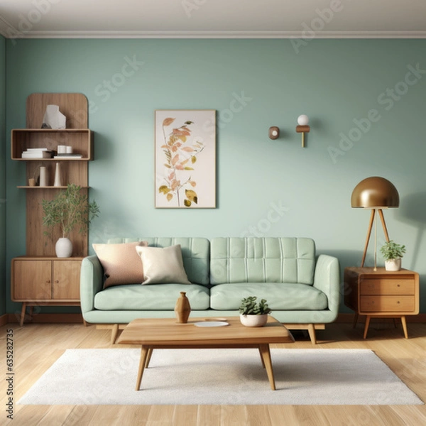 Obraz Interior of modern living room with mint sofa and wooden coffee table. Created using generative AI