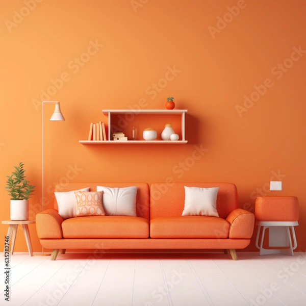 Fototapeta Interior of orange minimalist living room. Created using generative AI