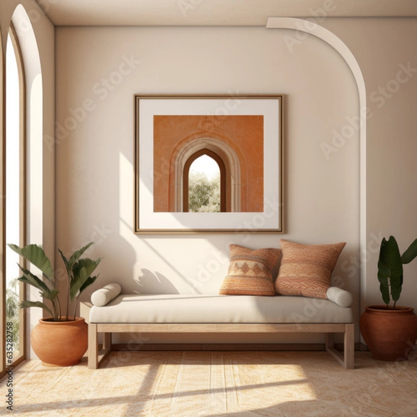 Fototapeta Interior of modern Greek house with cushy resting chair. Created using generative AI