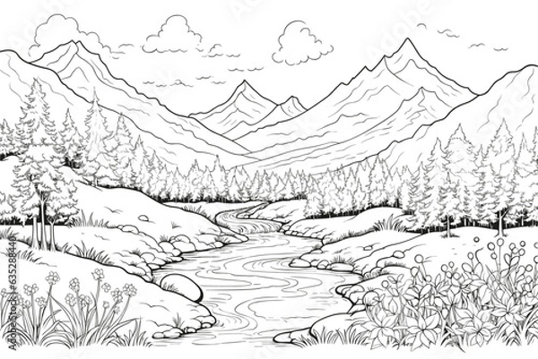Fototapeta Simple black and white sketch of a mountain river against the backdrop of mountains