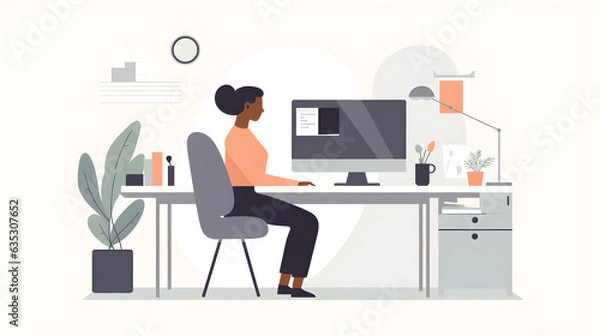 Fototapeta Woman working from home. Businesswoman sitting at desk and using laptop, Flat illustration, Generative AI tools