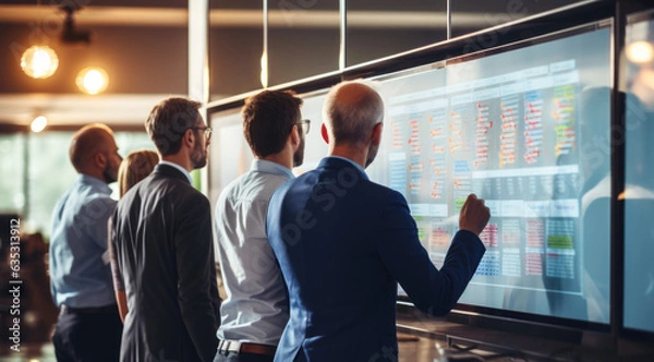 Fototapeta team of creative, brainstorming or team strategy looking up board at the office.