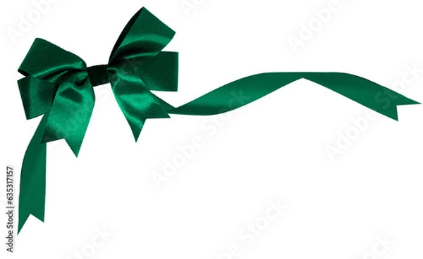 Fototapeta Green ribbon with red bow on top left corner, transparent and white background, PNG image.