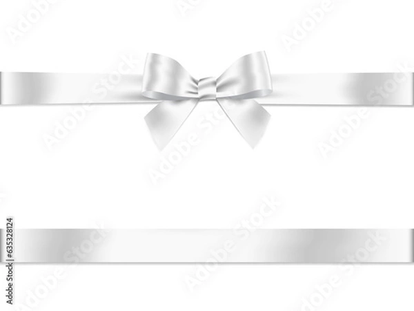 Fototapeta White ribbon bow realistic shiny satin Horizontal ,for decorate gift wrapping or card design , vector EPS10 design with copy space for your texts ,isolated on white background.