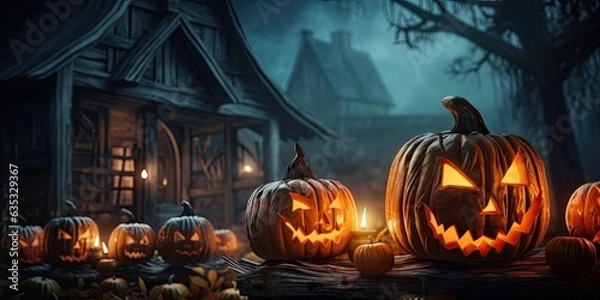 Fototapeta Halloween pumpkin head pile in the middle of a scary place created with AI