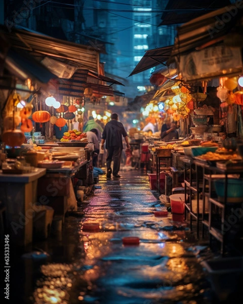 Obraz The bustling streets of a vibrant night market, capturing the vibrant colors and the lively atmosphere, while emphasizing the intricate details of the stalls and the people's interactions