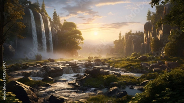 Obraz The serene beauty of a cascading waterfall surrounded by lush greenery, using a wide-angle lens at sunrise to create a tranquil and immersive image that transports viewers to the heart of nature