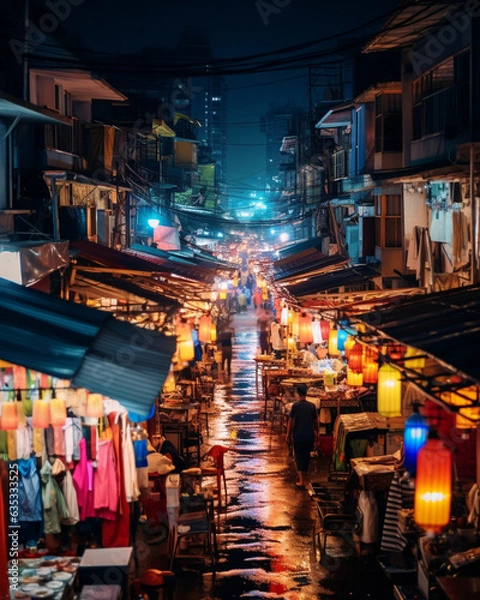 Obraz The bustling streets of a vibrant night market, capturing the vibrant colors and the lively atmosphere, while emphasizing the intricate details of the stalls and the people's interactions