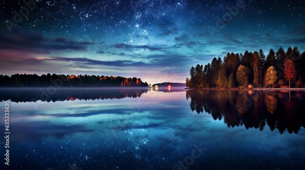 Obraz The awe-inspiring vastness of a starry night sky over a calm lake, using a long exposure and a wide-aperture lens to capture the Milky Way's brilliance and its reflection on the tranquil waters below