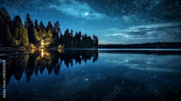 Obraz The awe-inspiring vastness of a starry night sky over a calm lake, using a long exposure and a wide-aperture lens to capture the Milky Way's brilliance and its reflection on the tranquil waters below