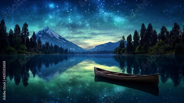 Obraz The awe-inspiring vastness of a starry night sky over a calm lake, using a long exposure and a wide-aperture lens to capture the Milky Way's brilliance and its reflection on the tranquil waters below