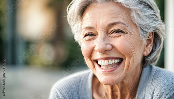Obraz closeup photo portrait of a beautiful elderly senior model woman with grey hair laughing and smiling with clean teeth, generative AI