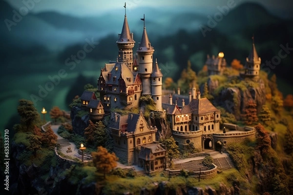 Fototapeta The mysterious charm of an ancient castle at twilight, employing a tilt-shift lens to create a miniature effect that accentuates the castle's grandeur and the surrounding medieval architecture