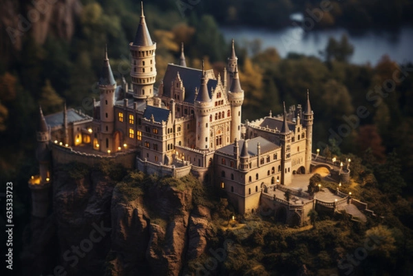 Obraz The mysterious charm of an ancient castle at twilight, employing a tilt-shift lens to create a miniature effect that accentuates the castle's grandeur and the surrounding medieval architecture