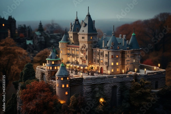 Obraz The mysterious charm of an ancient castle at twilight, employing a tilt-shift lens to create a miniature effect that accentuates the castle's grandeur and the surrounding medieval architecture