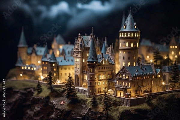 Fototapeta The mysterious charm of an ancient castle at twilight, employing a tilt-shift lens to create a miniature effect that accentuates the castle's grandeur and the surrounding medieval architecture