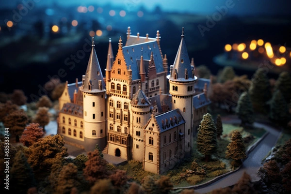 Obraz The mysterious charm of an ancient castle at twilight, employing a tilt-shift lens to create a miniature effect that accentuates the castle's grandeur and the surrounding medieval architecture