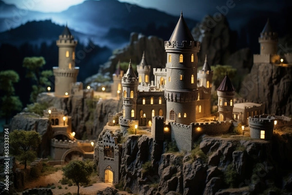 Obraz The mysterious charm of an ancient castle at twilight, employing a tilt-shift lens to create a miniature effect that accentuates the castle's grandeur and the surrounding medieval architecture