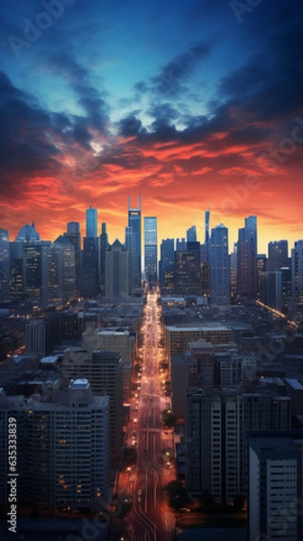Obraz Twilight with a citywide panoramic view, combining multiple shots using a wide-angle lens and then stitching them together to showcase the urban lights and the fading colors of the setting sun